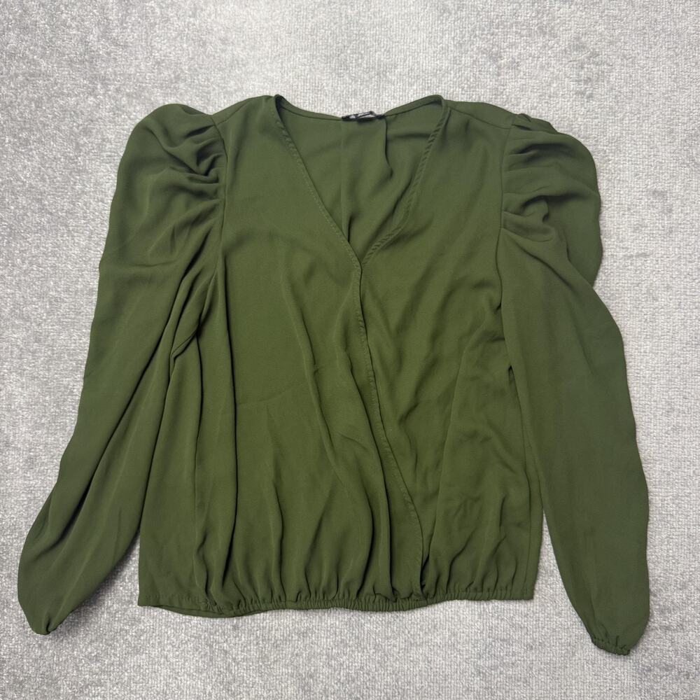1.STATE Blouse Womens Small Green Long Sleeve V Neck Puff Sleeve Elastic Hem